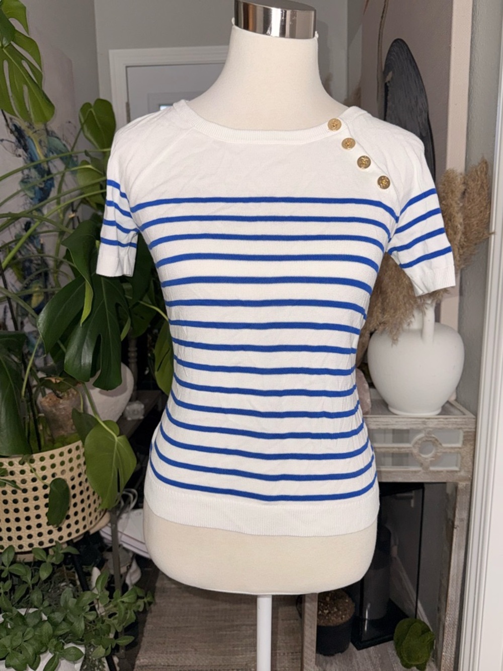 Lauren Ralph Lauren Sailor Style Button-Shoulder Blue Stripe white Top XS